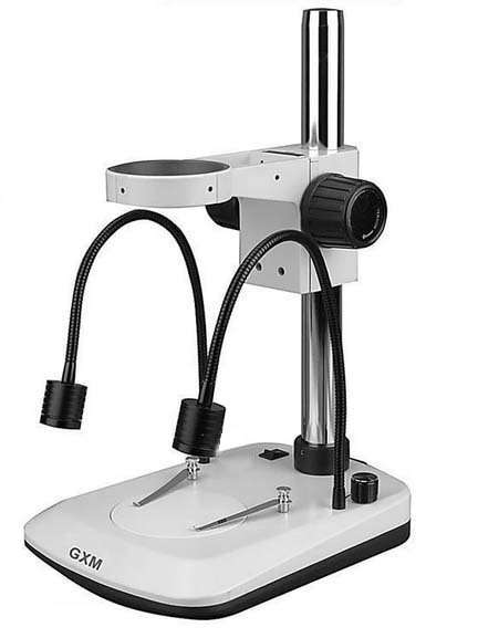 Microscope stand with dual gooseneck illumination and 76mm focussing ring. Coarse focus only