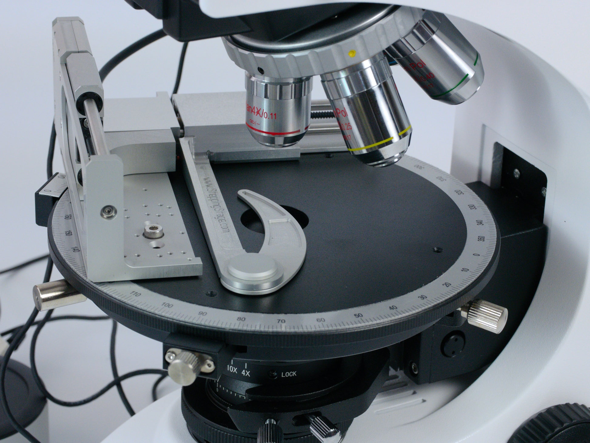 Close up of Polarising Microscope rotatable stage with XY Stepping Stage Add-on