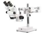 StereoBlue stereomicroscope trinocular head 7-45x zoom magnification double boom arm stand